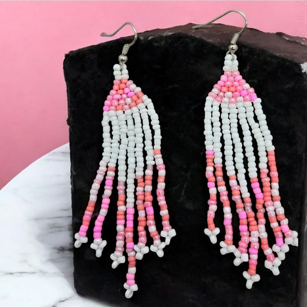 Pink White Seed Bead Boho Dangle Earrings Tribal Native American Jewelry Western